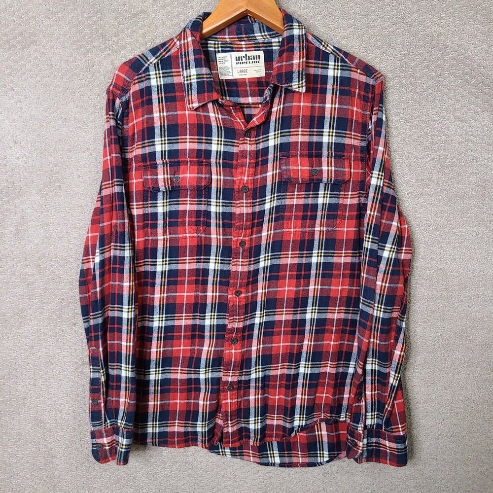 Urban Pipeline Shirt Mens Large Red Plaid Button Down Flannel Cotton Casual Ls